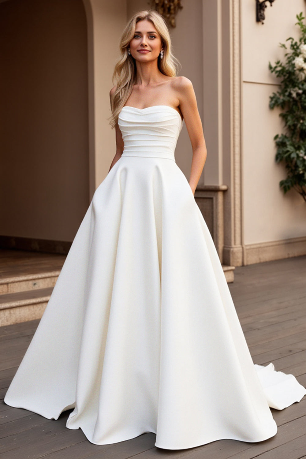 Ivory Strapless A Line Satin Ruched Wedding Dress