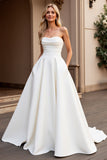 Ivory Strapless A Line Satin Ruched Wedding Dress