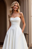 Ivory Strapless A Line Satin Ruched Wedding Dress