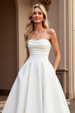Ivory Strapless A Line Satin Ruched Wedding Dress