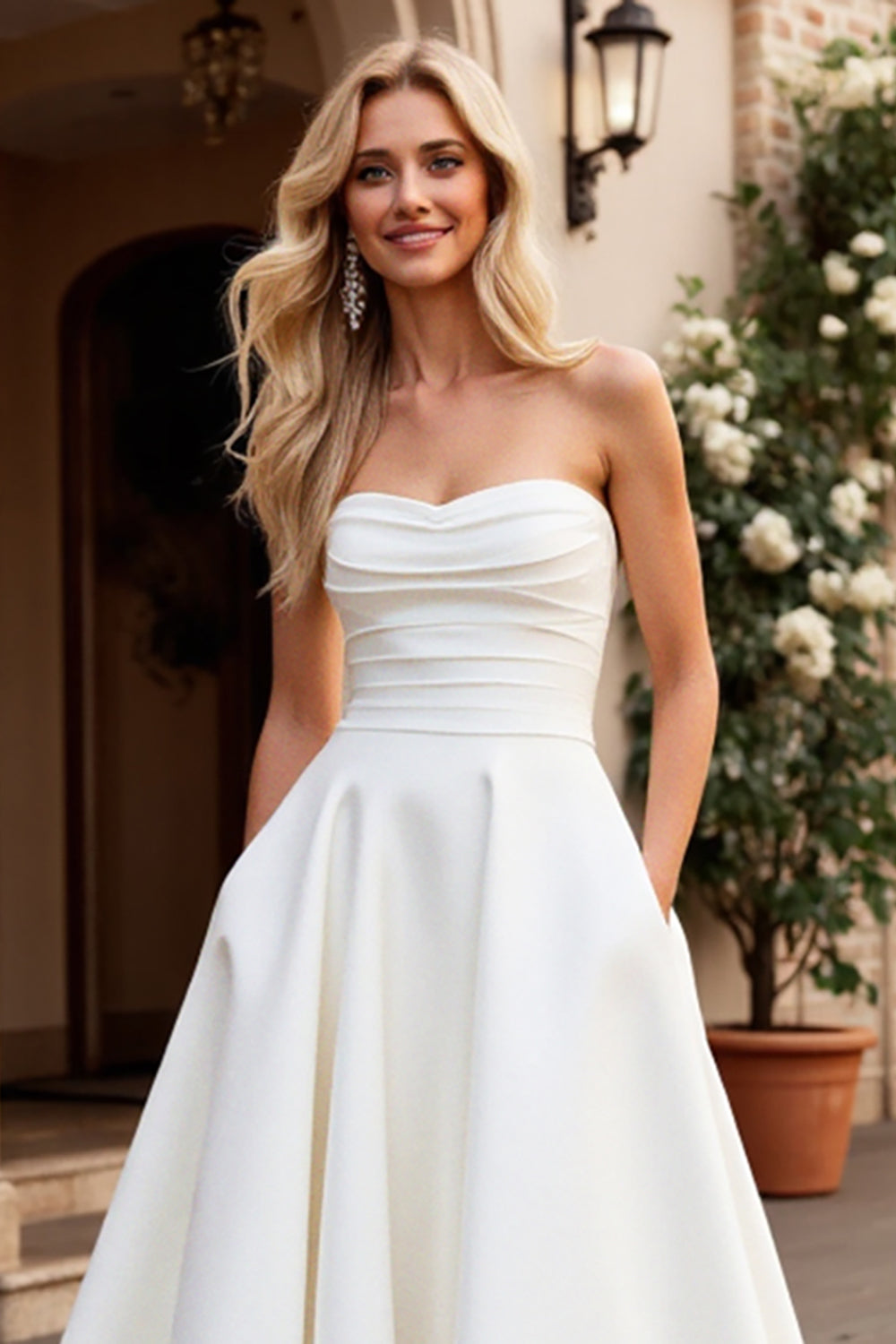 Ivory Strapless A Line Satin Ruched Wedding Dress