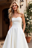 Ivory Strapless A Line Satin Ruched Wedding Dress