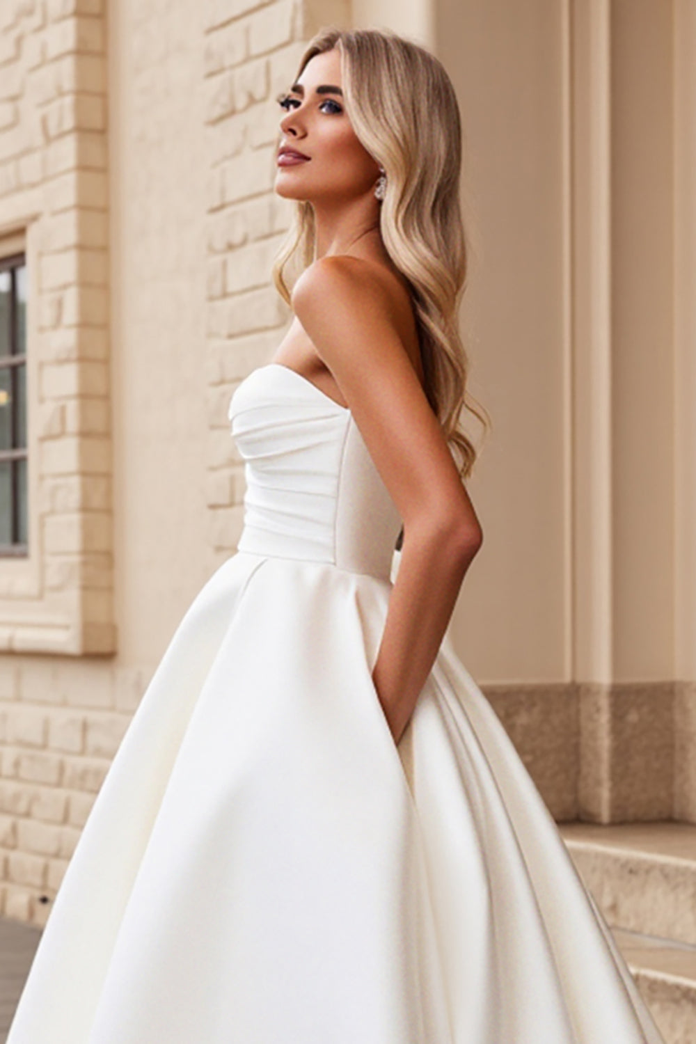 Ivory Strapless A Line Satin Ruched Wedding Dress