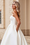Ivory Strapless A Line Satin Ruched Wedding Dress