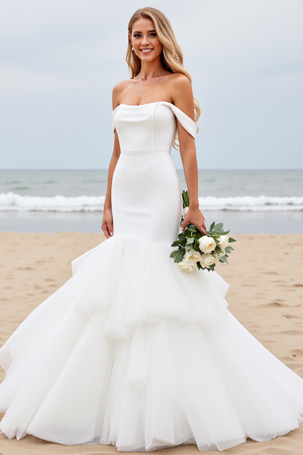 Ivory Satin Sweep Train Mermaid Long Wedding Dress with Ruffle