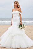 Ivory Satin Sweep Train Mermaid Long Wedding Dress with Ruffle