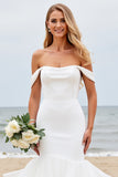 Ivory Satin Sweep Train Mermaid Long Wedding Dress with Ruffle