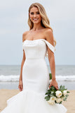 Ivory Satin Sweep Train Mermaid Long Wedding Dress with Ruffle