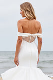 Ivory Satin Sweep Train Mermaid Long Wedding Dress with Ruffle