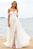 Ivory Chiffon Off the Shoulder A Line Wedding Dress with Slit