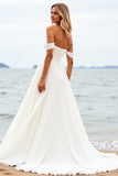 Ivory Chiffon Off the Shoulder A Line Wedding Dress with Slit