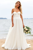 Ivory Chiffon Off the Shoulder A Line Wedding Dress with Slit