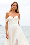Ivory Chiffon Off the Shoulder A Line Wedding Dress with Slit