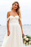Ivory Chiffon Off the Shoulder A Line Wedding Dress with Slit