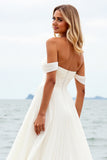 Ivory Chiffon Off the Shoulder A Line Wedding Dress with Slit