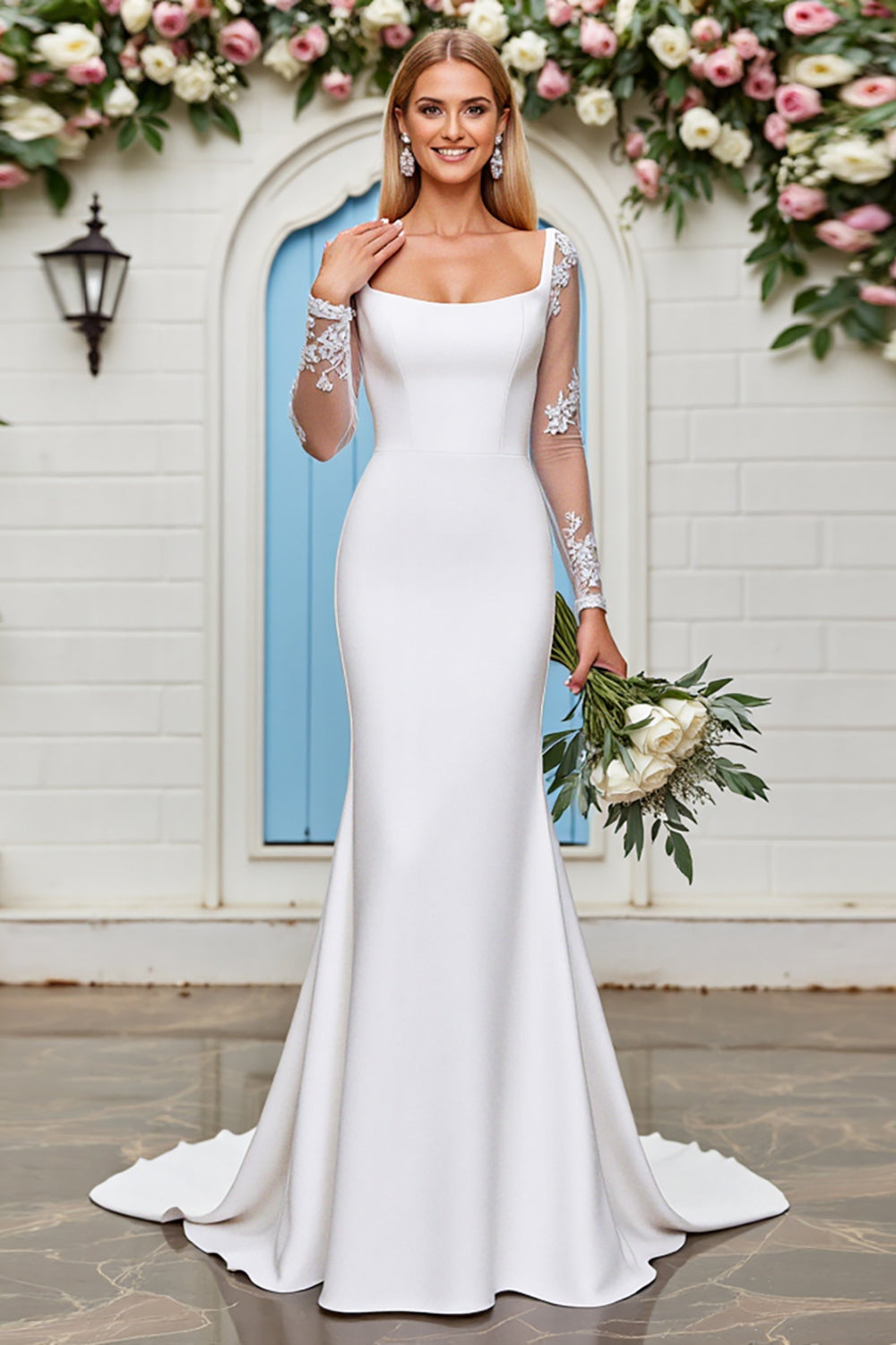 Ivory Sweep Train Mermaid Wedding Dress with Long Sleeves