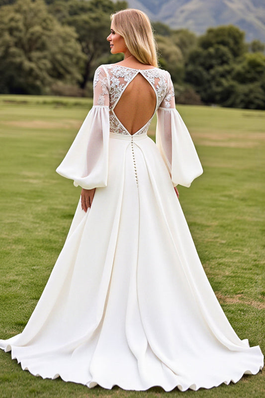 Ivory Satin V Neck Lace Sweep Train Wedding Dress with Sleeves