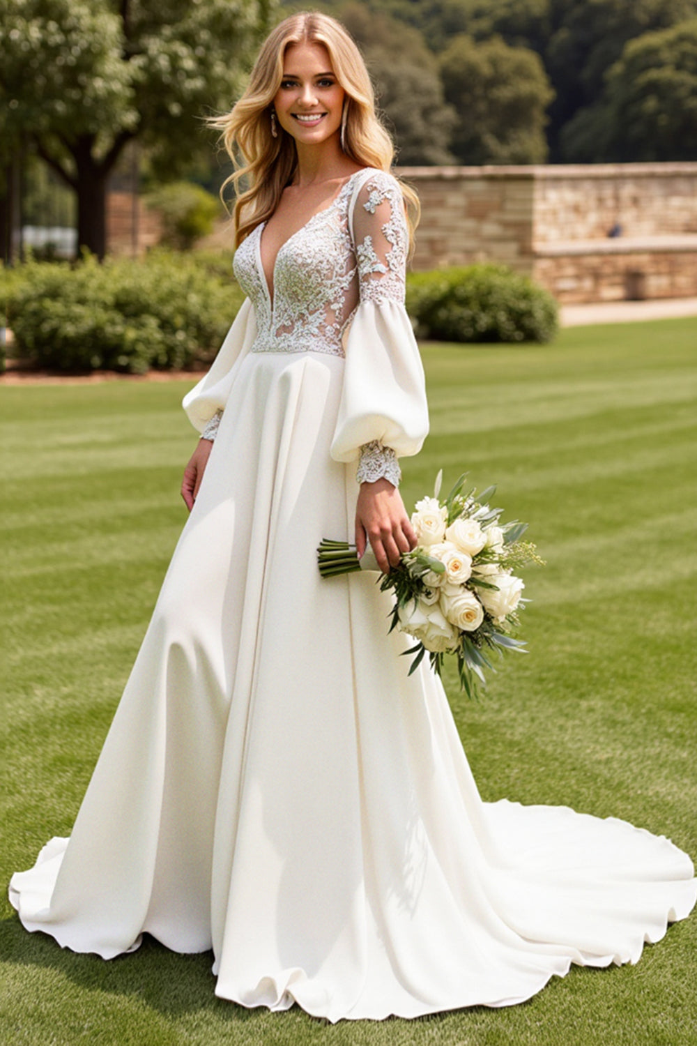 Ivory Satin V Neck Lace Sweep Train Wedding Dress with Sleeves