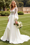Ivory Satin V Neck Lace Sweep Train Wedding Dress with Sleeves