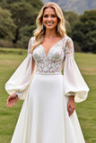 Ivory Satin V Neck Lace Sweep Train Wedding Dress with Sleeves