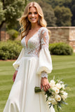 Ivory Satin V Neck Lace Sweep Train Wedding Dress with Sleeves