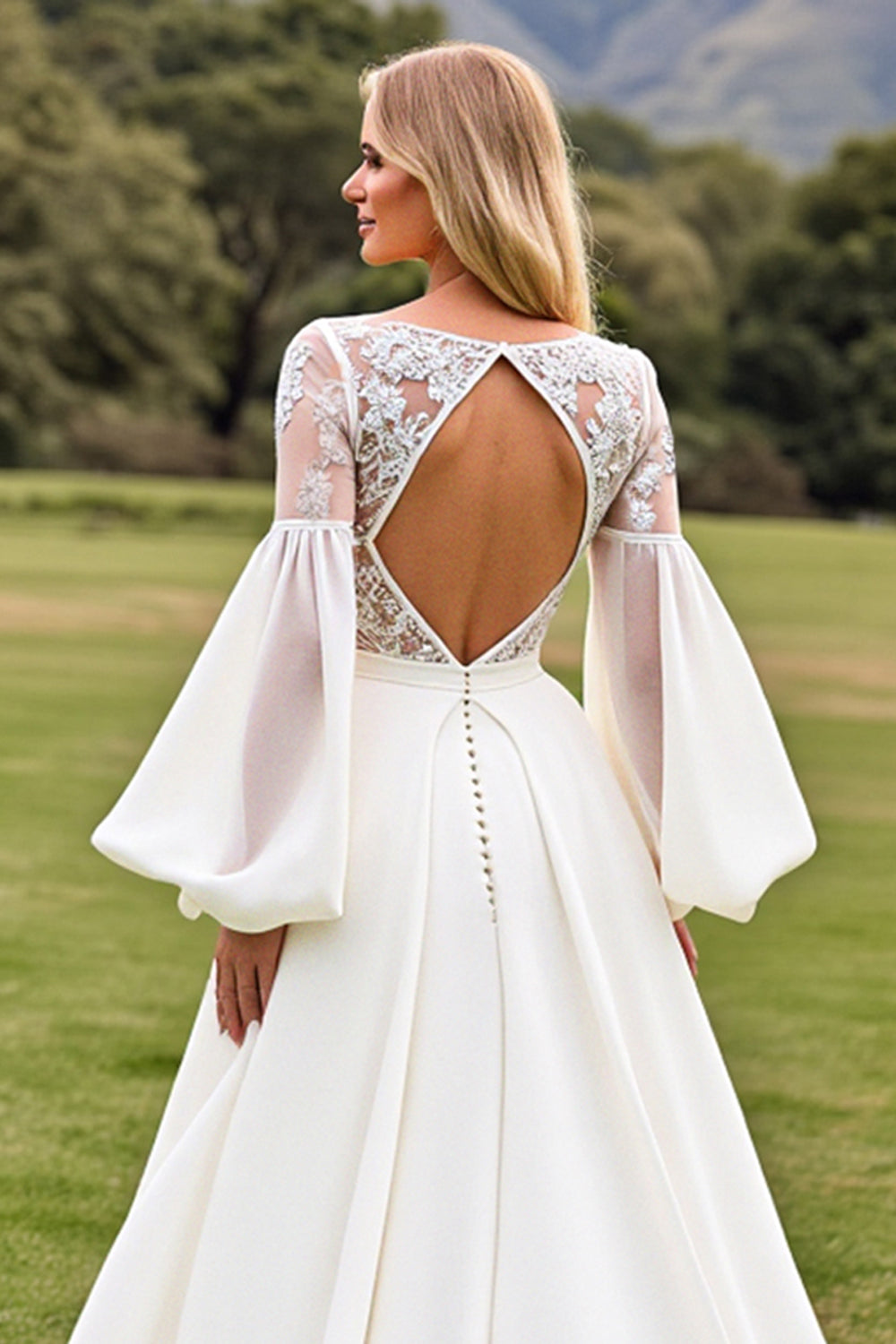 Ivory Satin V Neck Lace Sweep Train Wedding Dress with Sleeves