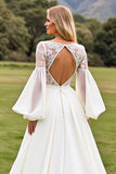 Ivory Satin V Neck Lace Sweep Train Wedding Dress with Sleeves