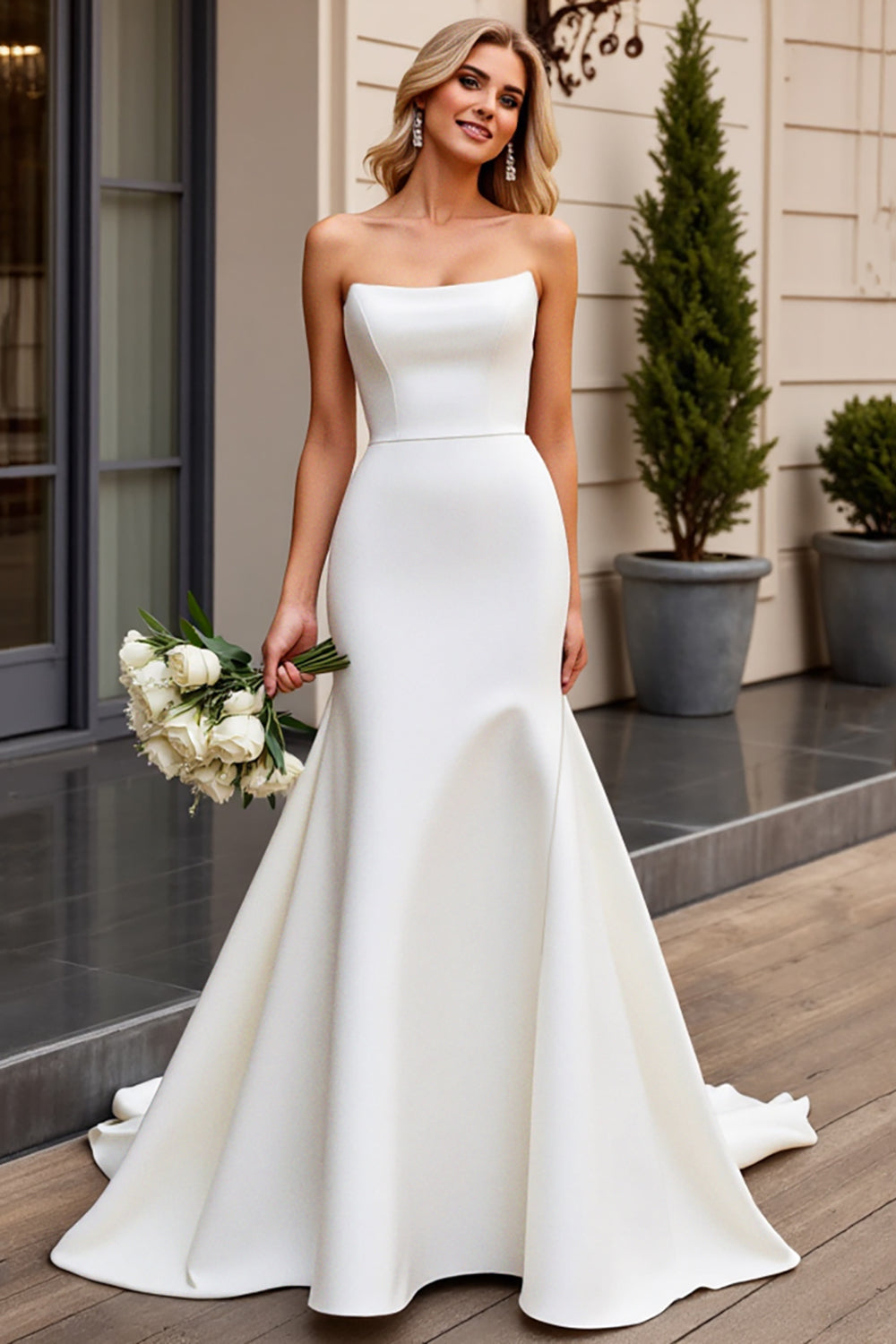 Ivory Satin Sweep Train Strapless Mermaid Wedding Dress
