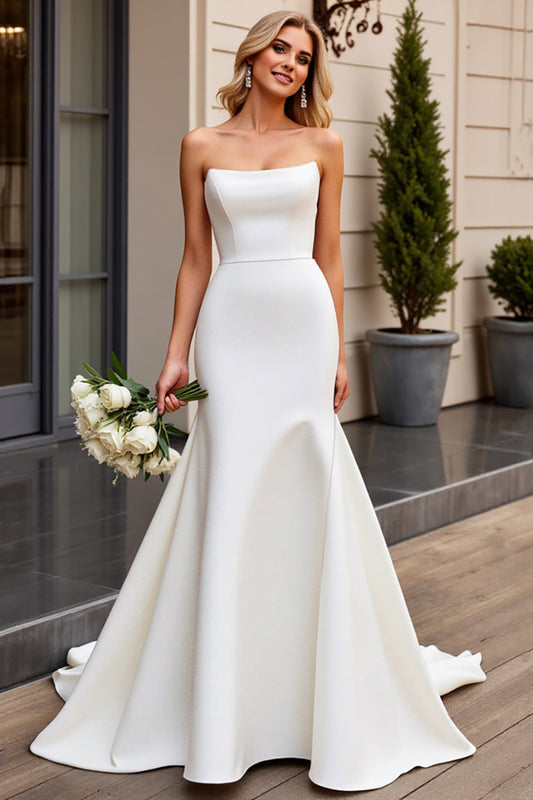 Ivory Satin Sweep Train Strapless Mermaid Wedding Dress