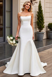 Ivory Satin Sweep Train Strapless Mermaid Wedding Dress