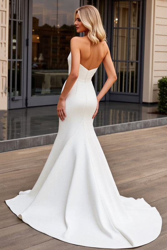 Ivory Satin Sweep Train Strapless Mermaid Wedding Dress