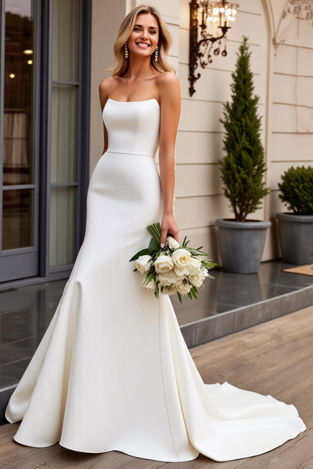 Ivory Satin Sweep Train Strapless Mermaid Wedding Dress