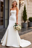 Ivory Satin Sweep Train Strapless Mermaid Wedding Dress
