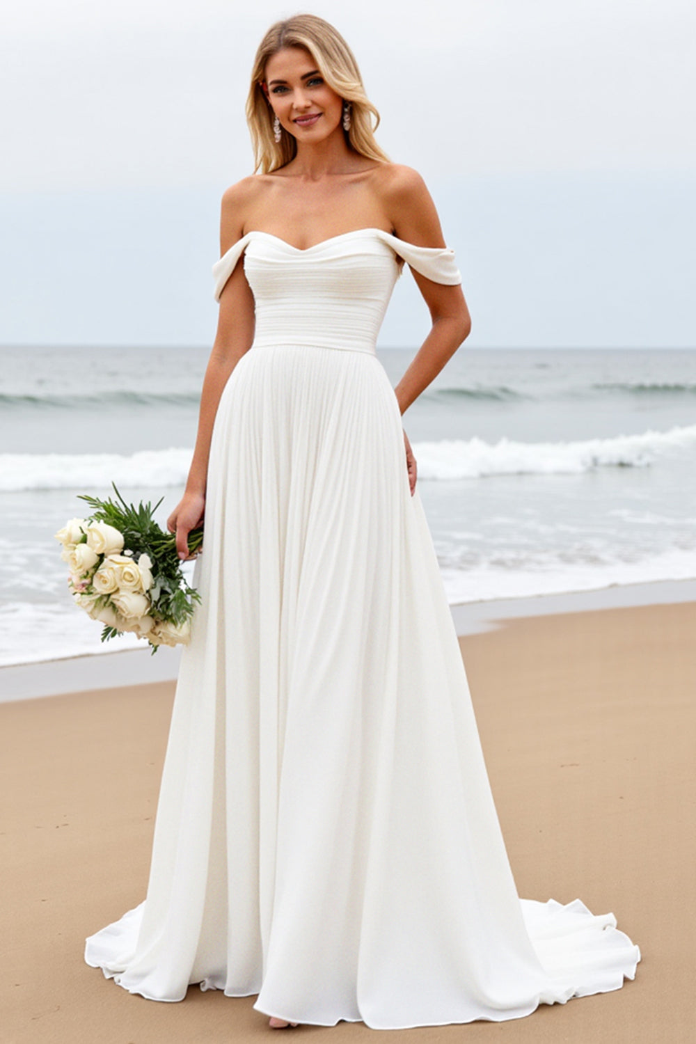 Ivory Off the Shoulder Chiffon Sweep Train A Line Wedding Dress