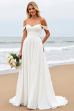 Ivory Off the Shoulder Chiffon Sweep Train A Line Wedding Dress