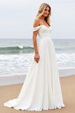 Ivory Off the Shoulder Chiffon Sweep Train A Line Wedding Dress