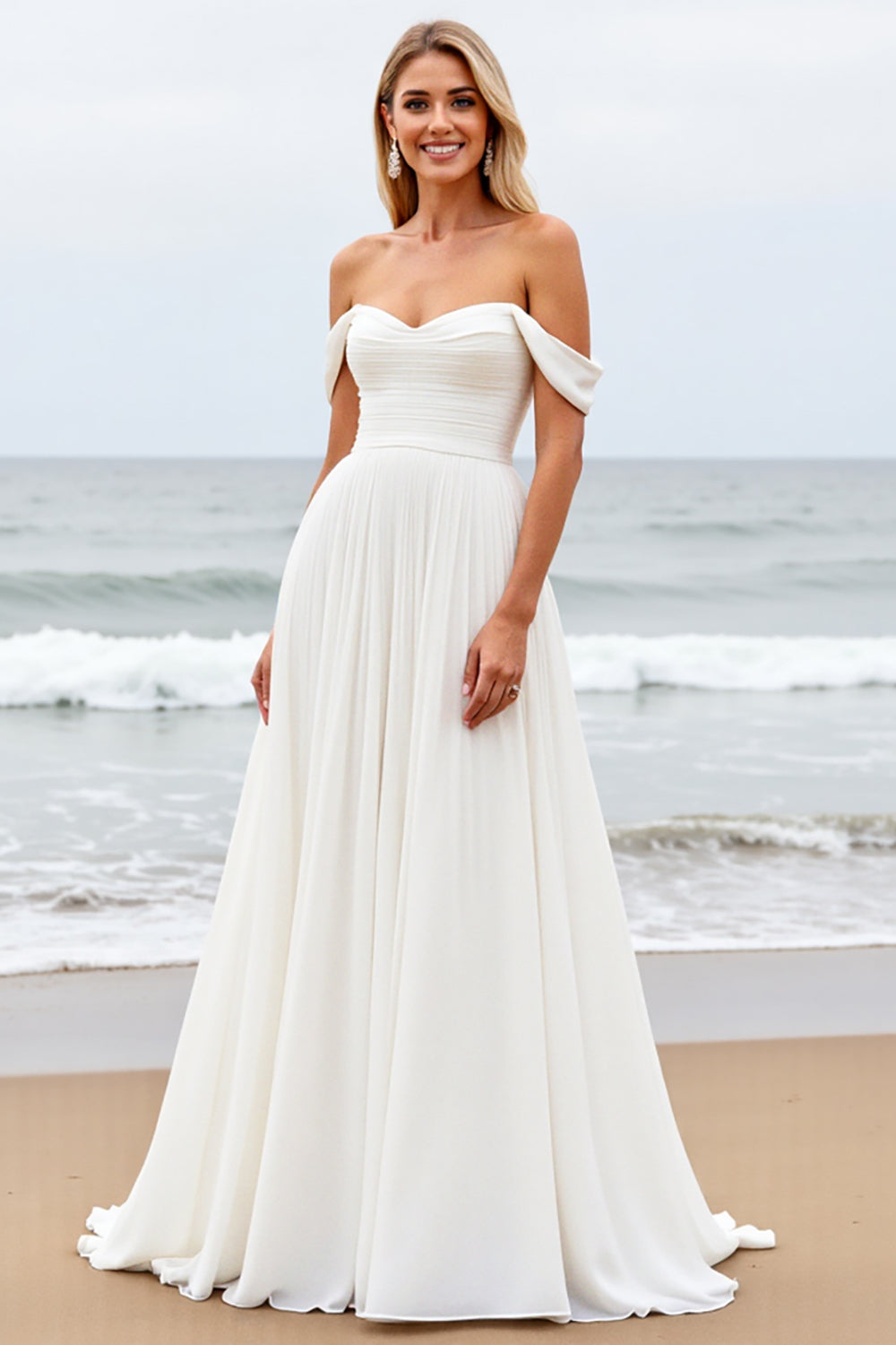 Ivory Off the Shoulder Chiffon Sweep Train A Line Wedding Dress