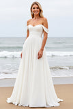 Ivory Off the Shoulder Chiffon Sweep Train A Line Wedding Dress