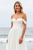 Ivory Off the Shoulder Chiffon Sweep Train A Line Wedding Dress