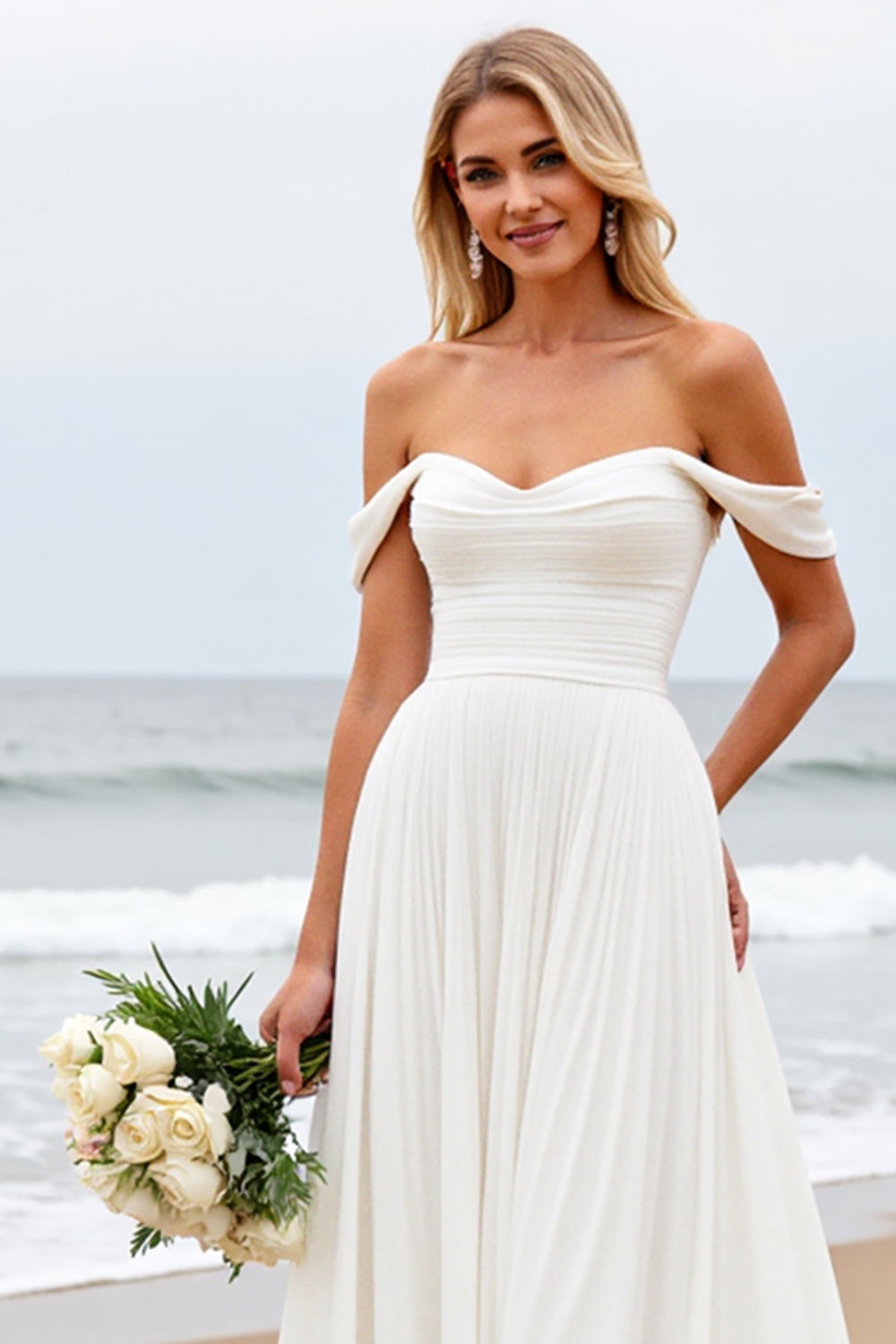 Ivory Off the Shoulder Chiffon Sweep Train A Line Wedding Dress