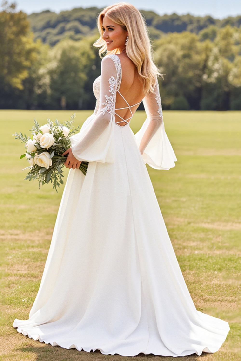 A Line Ivory Chiffon V Neck Sweep Train Boho Wedding Dress with Lace
