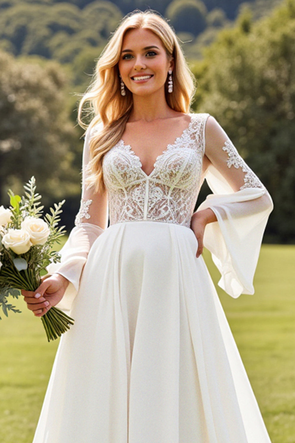 A Line Ivory Chiffon V Neck Sweep Train Boho Wedding Dress with Lace