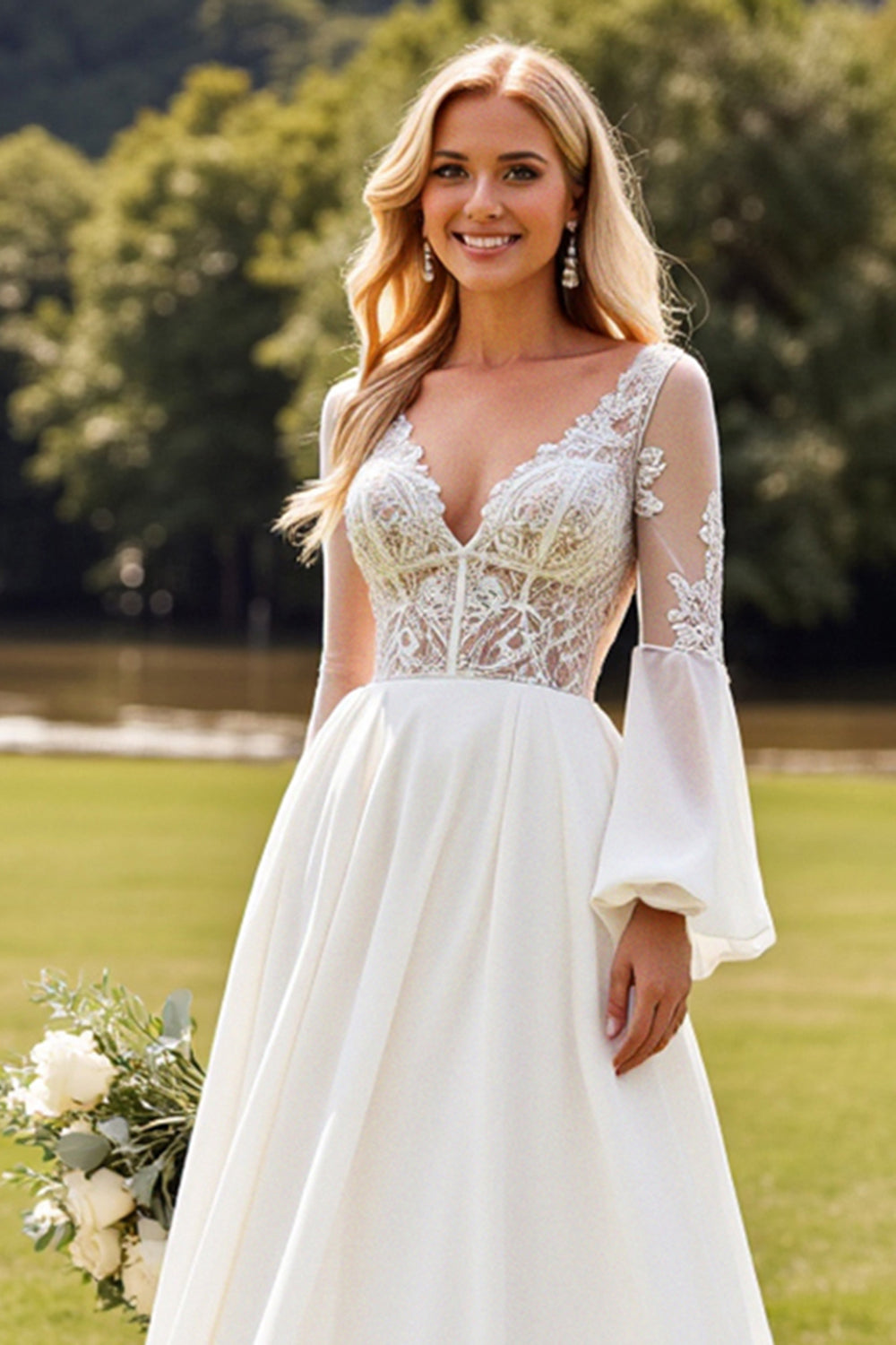 A Line Ivory Chiffon V Neck Sweep Train Boho Wedding Dress with Lace