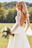 A Line Ivory Chiffon V Neck Sweep Train Boho Wedding Dress with Lace