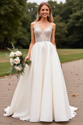 Ivory Satin Sweep Train A Line V Neck Wedding Dress with Lace