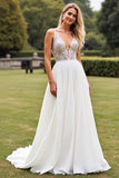 A Line Ivory V Neck Sweep Train Boho Wedding Dress with Slit