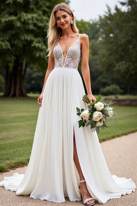 A Line Ivory V Neck Sweep Train Boho Wedding Dress with Slit