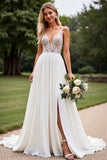 A Line Ivory V Neck Sweep Train Boho Wedding Dress with Slit