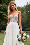 A Line Ivory V Neck Sweep Train Boho Wedding Dress with Slit