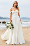 Ivory A Line Off the Shoulder Sweep Train Long Wedding Dress